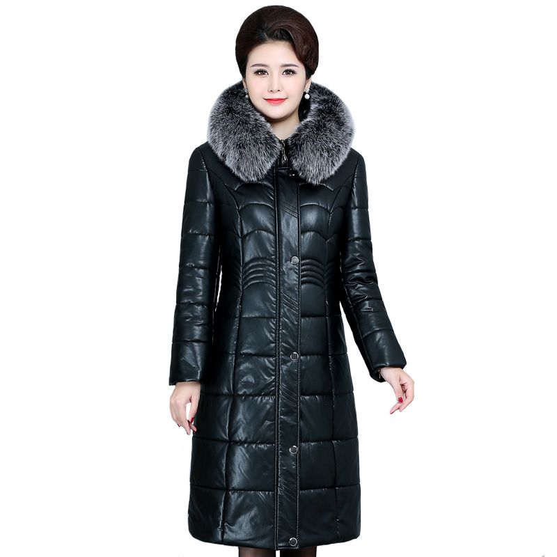 Женщины Зимняя кожаная куртка с капюшоном толстый теплый ветрозащитный куртки длинные пальто плюс размер 6XL зимы PU Fur ветровки Женский Шинель 201026