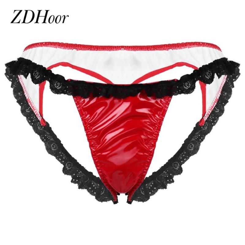 Womens Wet Look Leather Lace G-string Panties Lingerie Underwear Briefs Knickers