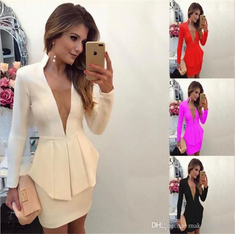Compra 2021 Trajes Formales Profundo V Cuello De Manga Larga Damas Faldas  Trajes Casual Para Mujer Ropa Color Sólido Mujeres Barato | Entrega Rápida  Y Calidad | Es.Dhgate