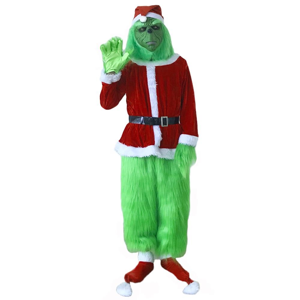 Grinch Costume For Men Christmas Deluxe Furry Adult Santa Suit Green ...