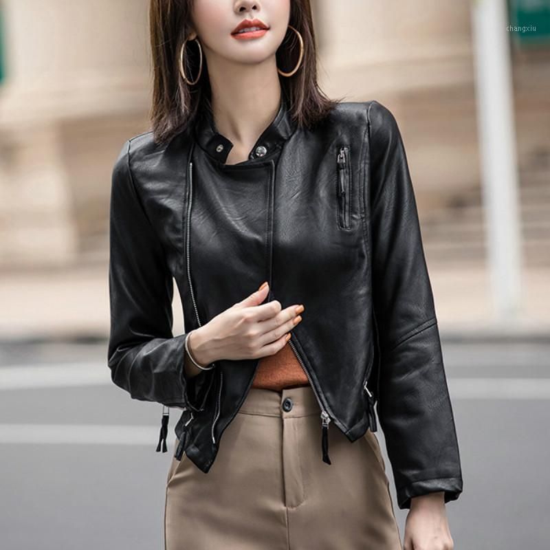 2021 moda mujer chaqueta de abrigo de pu chaqueta corta negro nuevo primavera damas