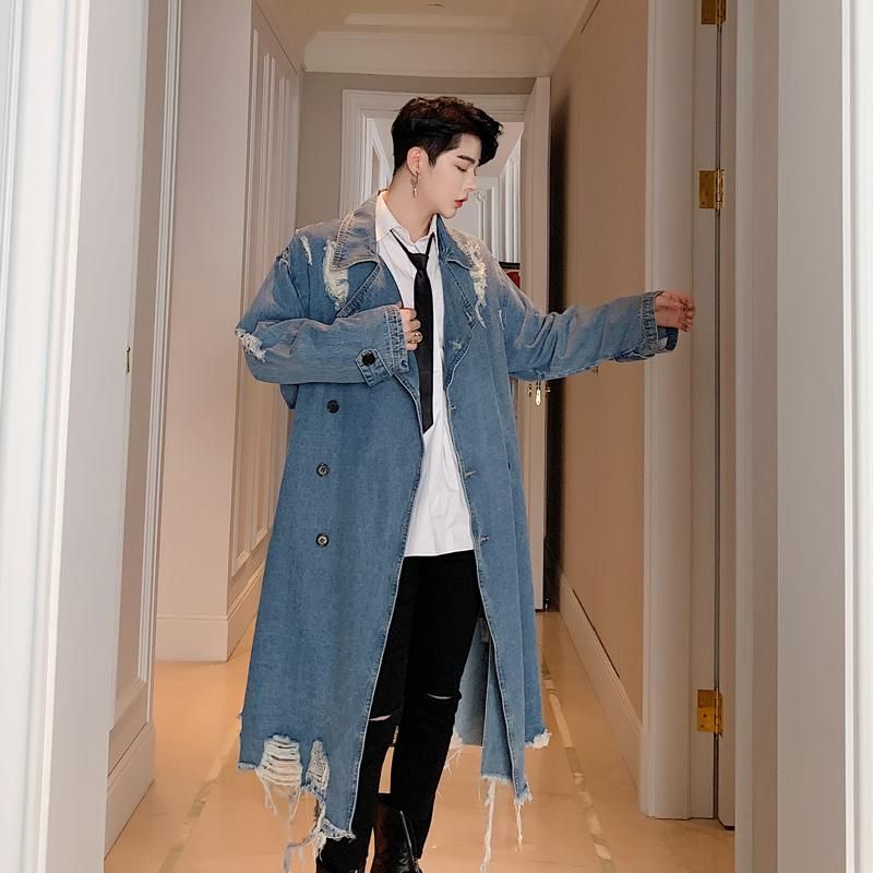 Denim Trench Men Coat Long Jacket Autumn New Fashion Make Old Ripped Cowboy Trench  Coat Hip Hop Street Clothes Personality From Lvyou09, $149.19