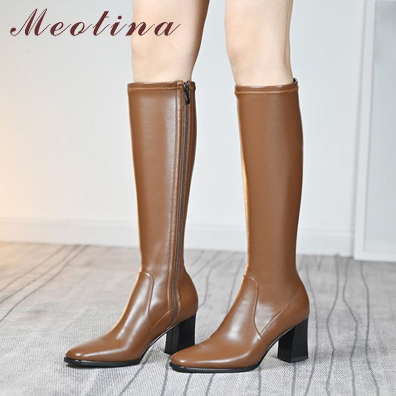 Womens Square Toe Med Block Heels Over Knee Riding Boots Zipper Side Shoes B568
