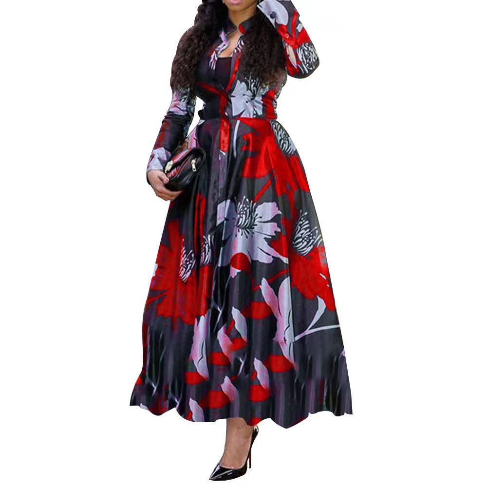Elegante Vestido Maxi Manga Larga Con Estampado Retro Elegante Vestido Maxi Manga Larga Con Estampado Retro