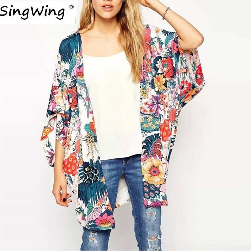 Singwing verano de las mujeres del kimono de la impresión floral de las mujeres blusas