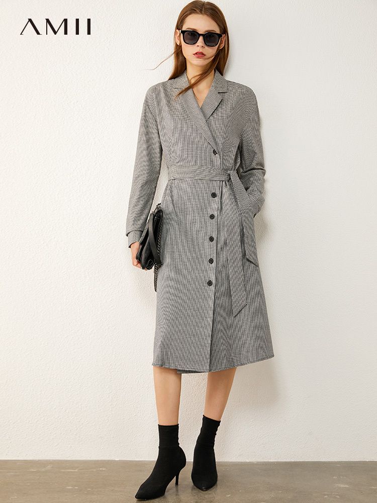 AMII minimalismo otoño vestido de traje de mujer cinturón de solapa AMII minimalismo otoño vestido de traje de mujer cinturón de solapa