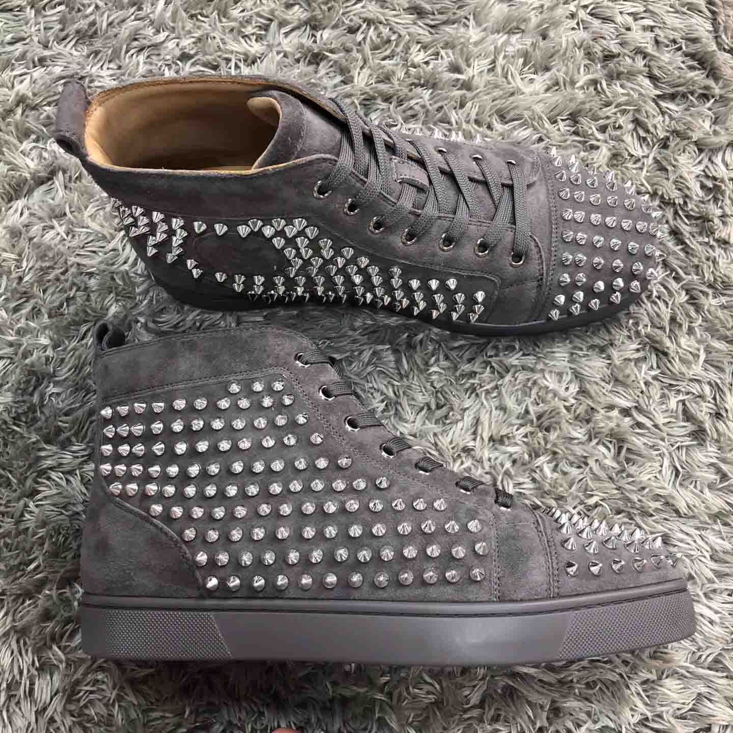 Wholesale Cheap High Top Red Bottom Shoes Studded Spikes Louisflat Grey