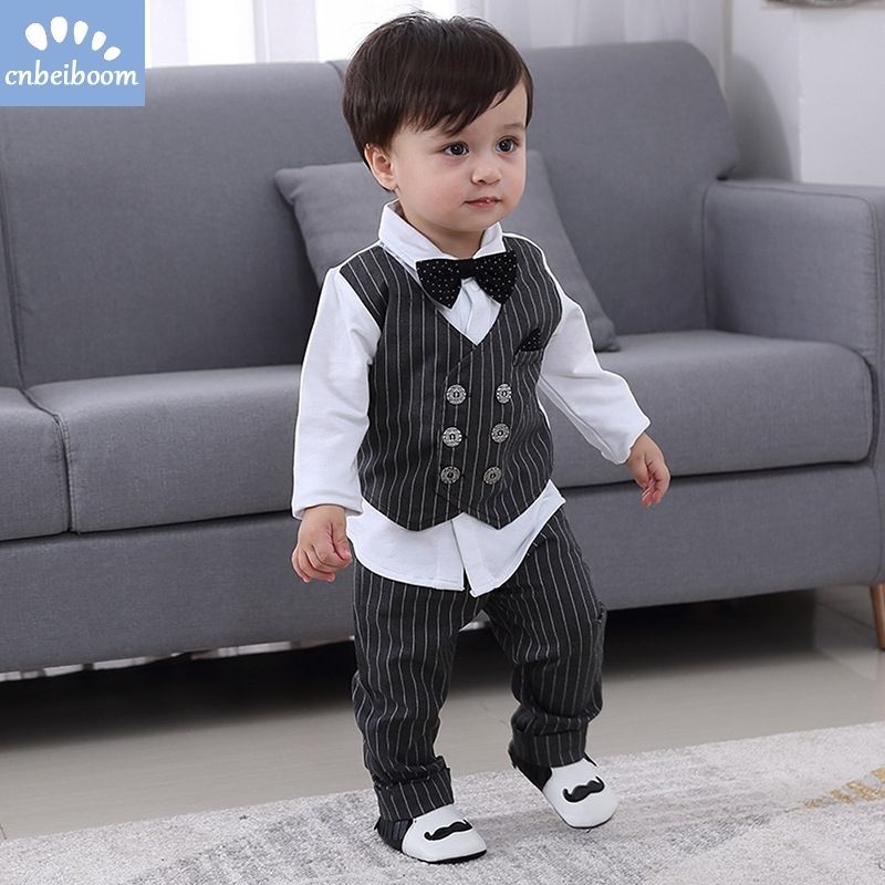 Infant Baby Boys Gentleman Outfit Tie Romper Jumpsuit False Two-Piece Party Set 
