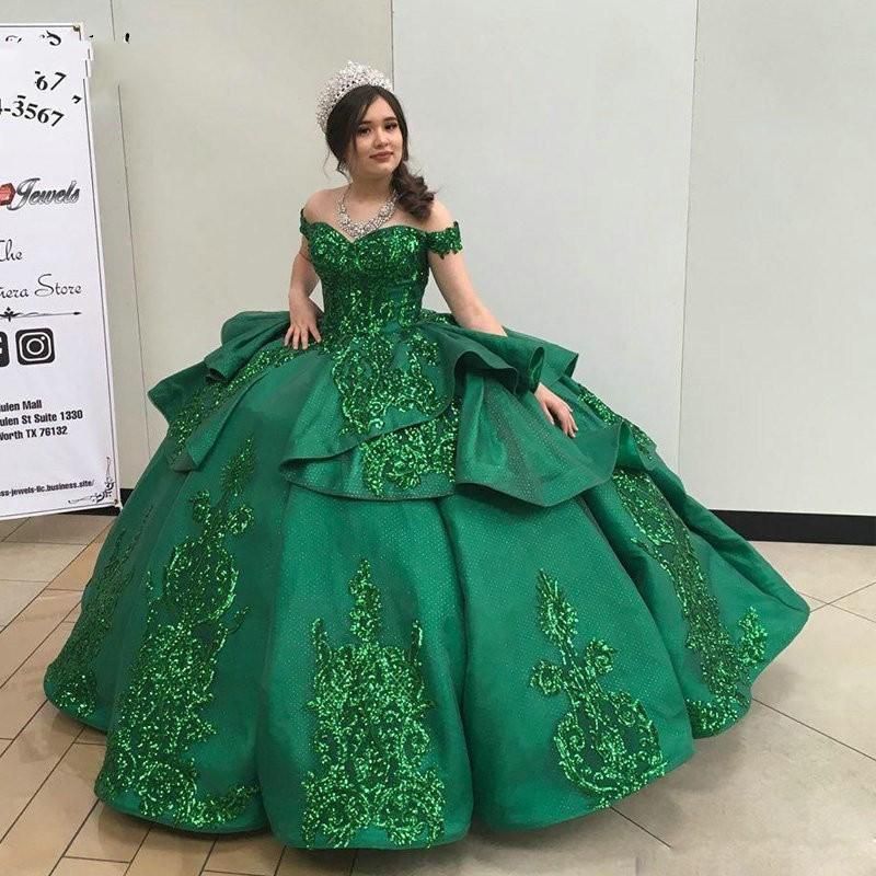 Vestidos de bola verde esmeralda Vestidos de quinceañera Vestidos 2021  Floral Encaje volante satinado Fuera del