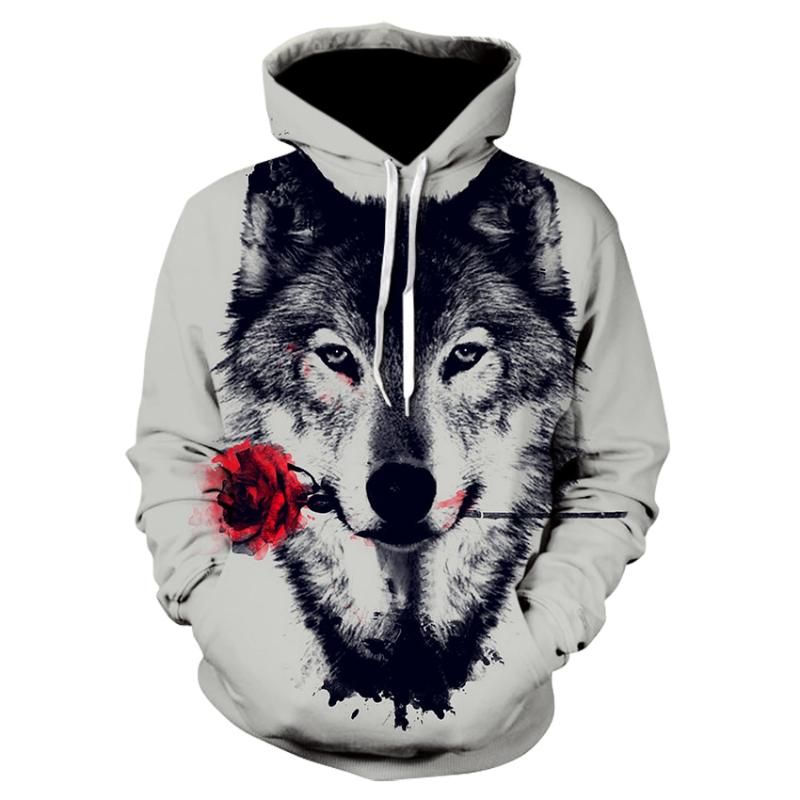 wolf print kangaroo pocket casual moletom com capuz
