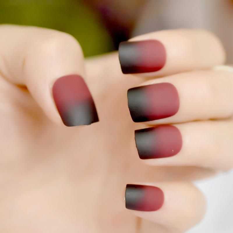 Puntas de las uñas gradiente corto francesa Negro Vino tinto Ronda Mate Kit  de diseño de