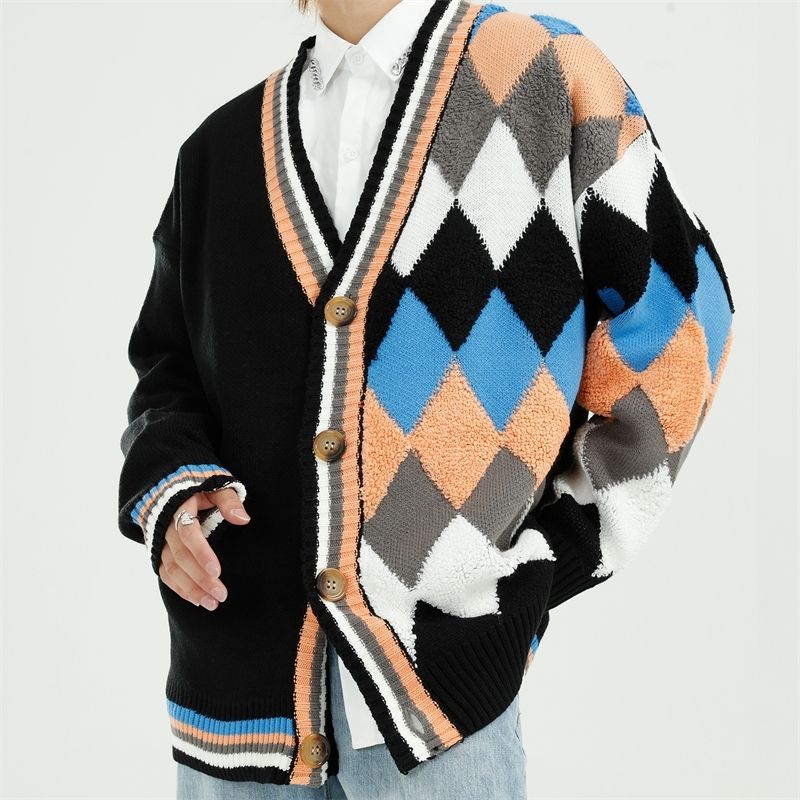 Rhombus Pattern Cardigan Plus Size Hip 