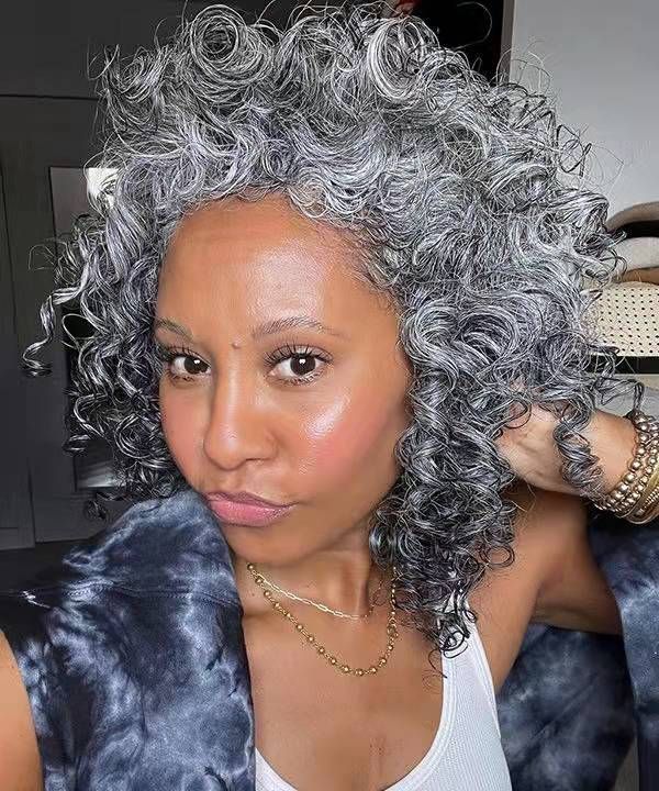 Trendy soft curly salt & pepper color gray human hair ponytail extension silver grey highlights striking grey with dark streaks 1pcs medium length Trendy soft curly salt & pepper color gray human hair ponytail extension silver grey highlights striking grey with dark streaks 1pcs medium length