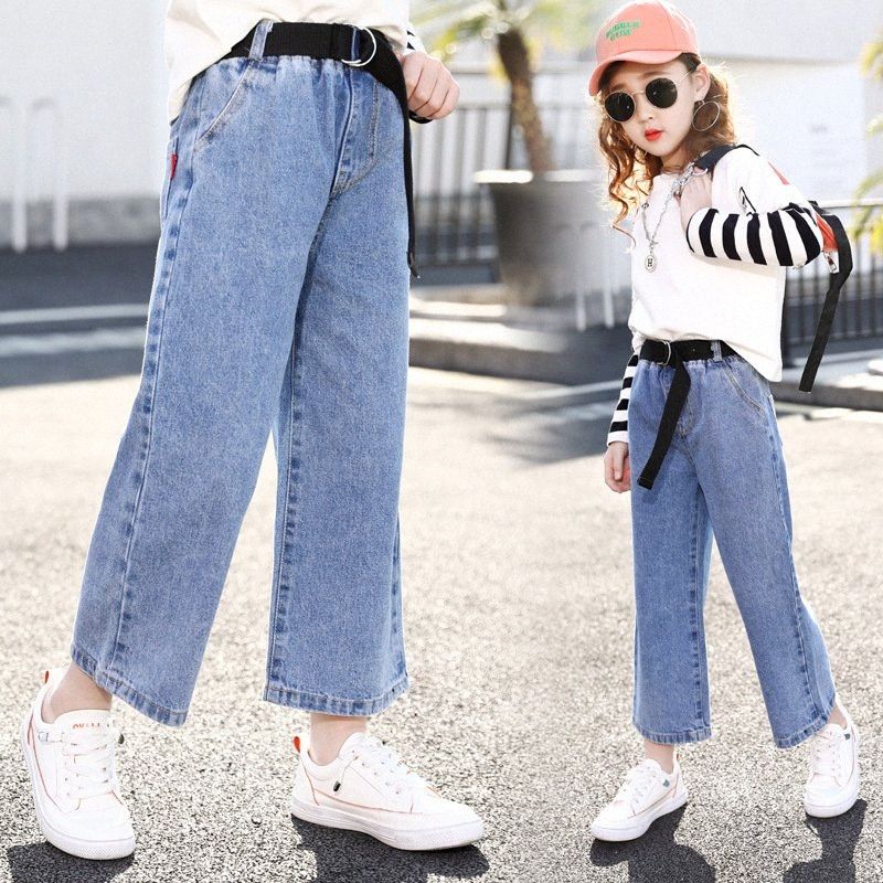 Hangzhikids Girls' Casual Elastic Waist Wide Leg Jeans Cool Ripped Jeans Age 5-14 Years