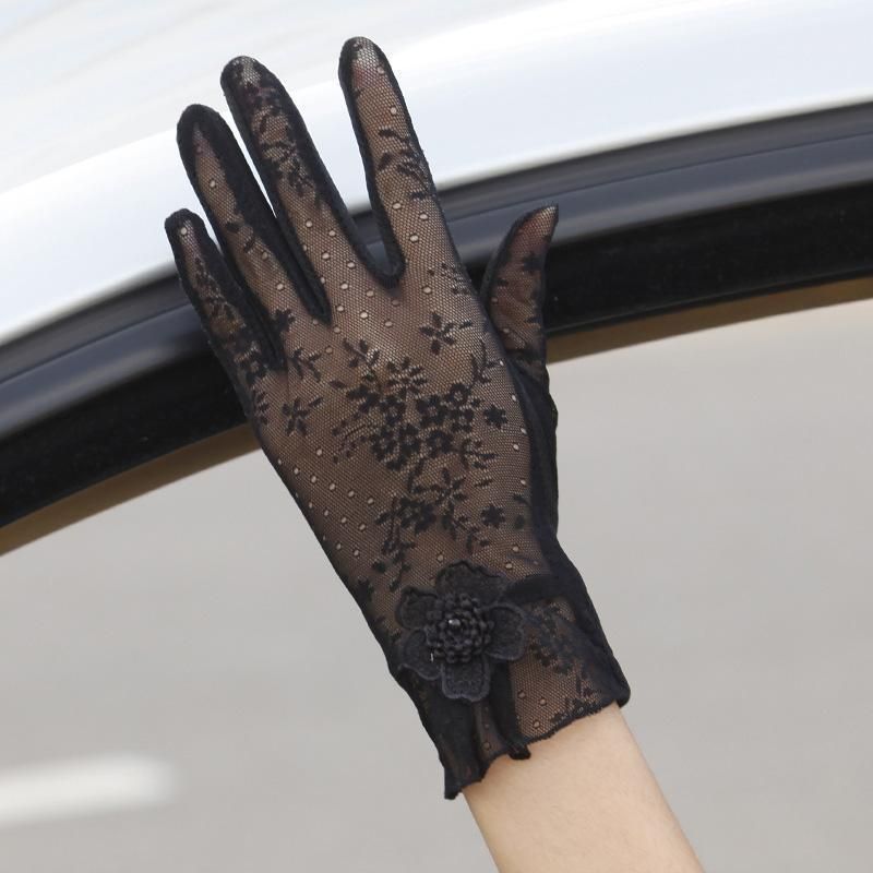 verano protección sol guantes encaje anti-uv guantes negro conduciendo sombrilla corta mujer