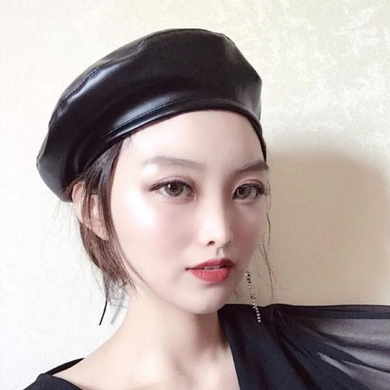 Vintage 5Style Women Solid PU Beret Hat 
