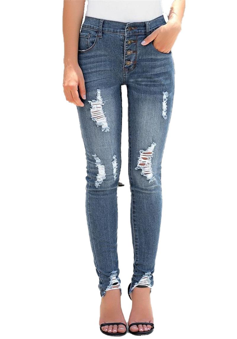 Jeans Rotos De Cintura Para Mujer Botón Para Mujer Fly High Street Estiramiento Denim Lápiz Pantalones Mujer De 39,23 € | DHgate