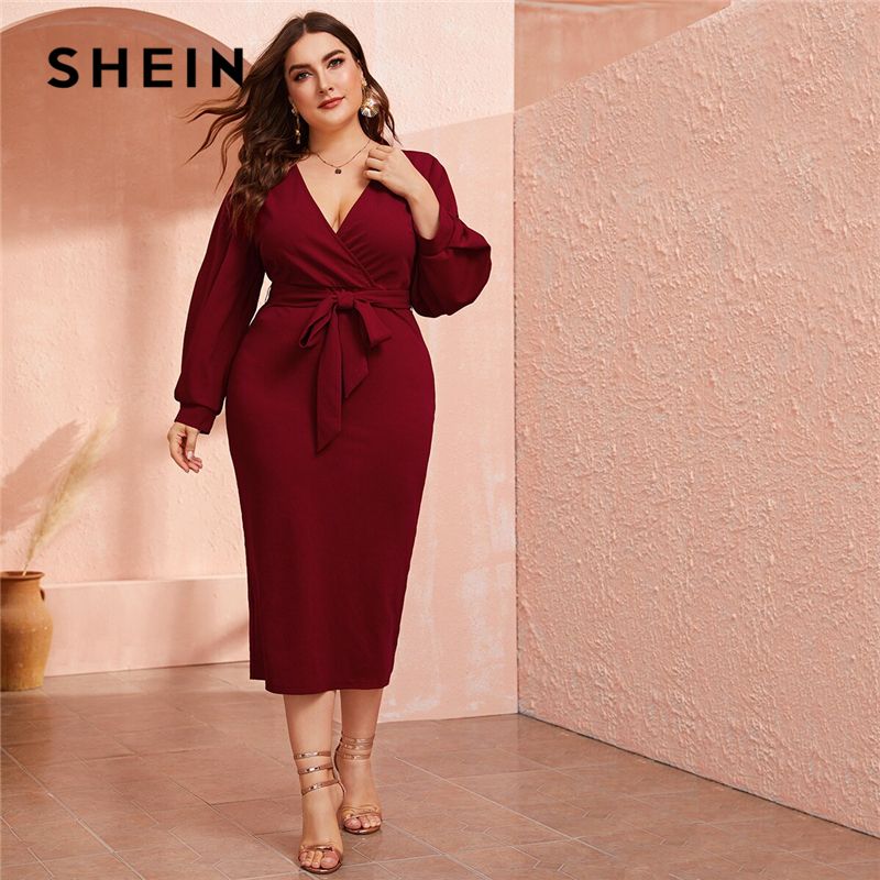Compra SheIn Tallas Grandes Burgoña Cuello De Cuello Con Cuello Con  Cinturón Con Cinturón Vestido Largo Mujer Otoño Cintura Alta Cintura  Ampliada Slit Wrap Fiesta Vestidos Sexy Y200326 Barato | Entrega Rápida