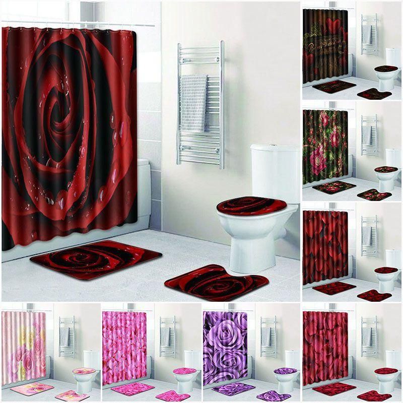 4Pcs Rose Shower Curtain Set with Rugs Waterproof Soft Bathroom Set with Non-Slip Rugs Toilet Lid Cover Bath Mat Butterfly Rose Bathroom Set Polyester Fabric Shower Curtains for Bathroom Decor 