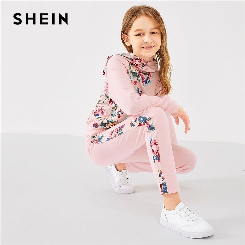 SheIn Kiddie Pink Raglan Floral Sudadera con capucha y pantalones Set Dos Piece Girls Ropa Ropa Primavera Manga Larga Traje Y200325