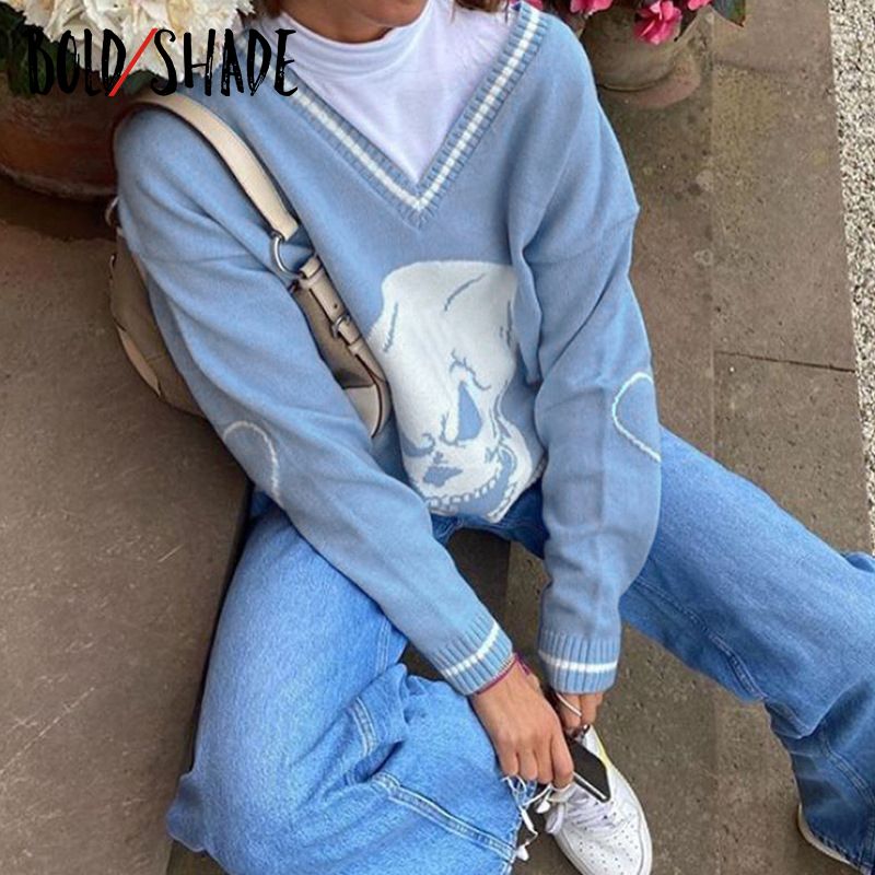 Blue Knit Pullover Sweater Women 