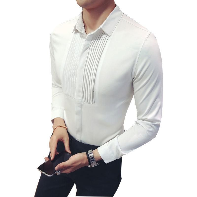2020 Pleated Men Wedding Shirt Slim Fit Long Sleeve Button Down Camisa ...