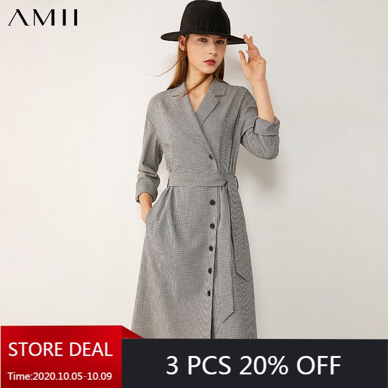 AMII minimalismo otoño vestido de traje de mujer cinturón de solapa AMII minimalismo otoño vestido de traje de mujer cinturón de solapa