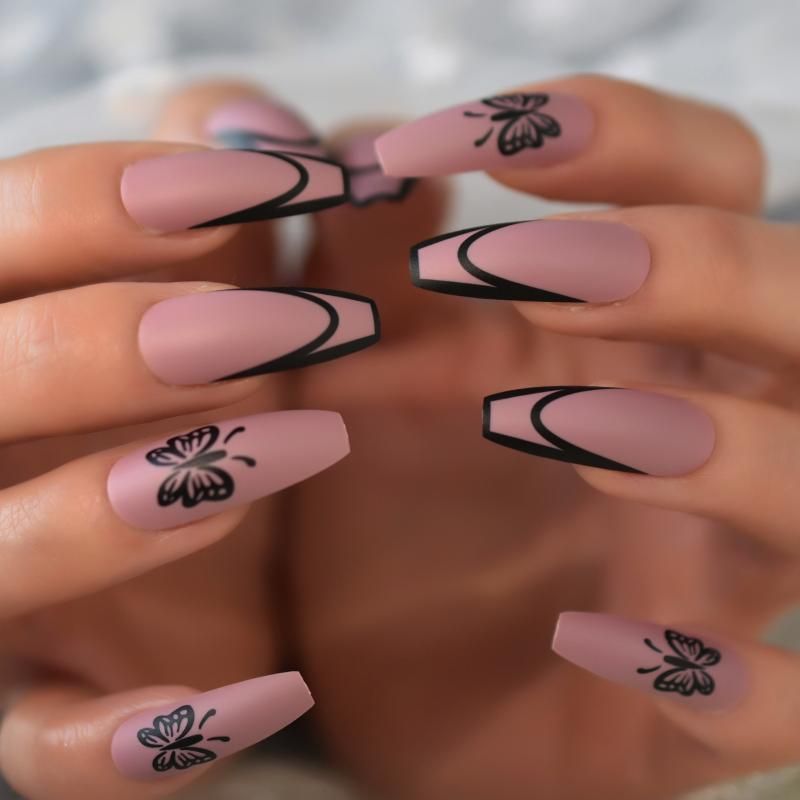 False Nails Purple Color Artificial Ballerina Nail Art Tips Long Matte Black Border Fake With Butterfly Pattern False Nails Purple Color Artificial Ballerina Nail Art Tips Long Matte Black Border Fake With Butterfly Pattern