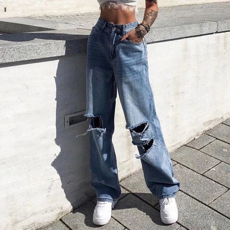 Jeans Mujer Pantalones De Pierna Recta Rasgados Huecos, Jeans Holgados De  Pierna Ancha Para Mujer, Jeans Coreanos De Novio Y Madre, Overoles De  Mezcli | lagear.com.ar