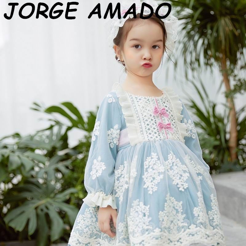 Vestidos de niños de estilo español para niñas Bordado azul claro de manga larga Princess Girls Vestidos de niños de estilo español para niñas Bordado azul claro de manga larga Princess Girls