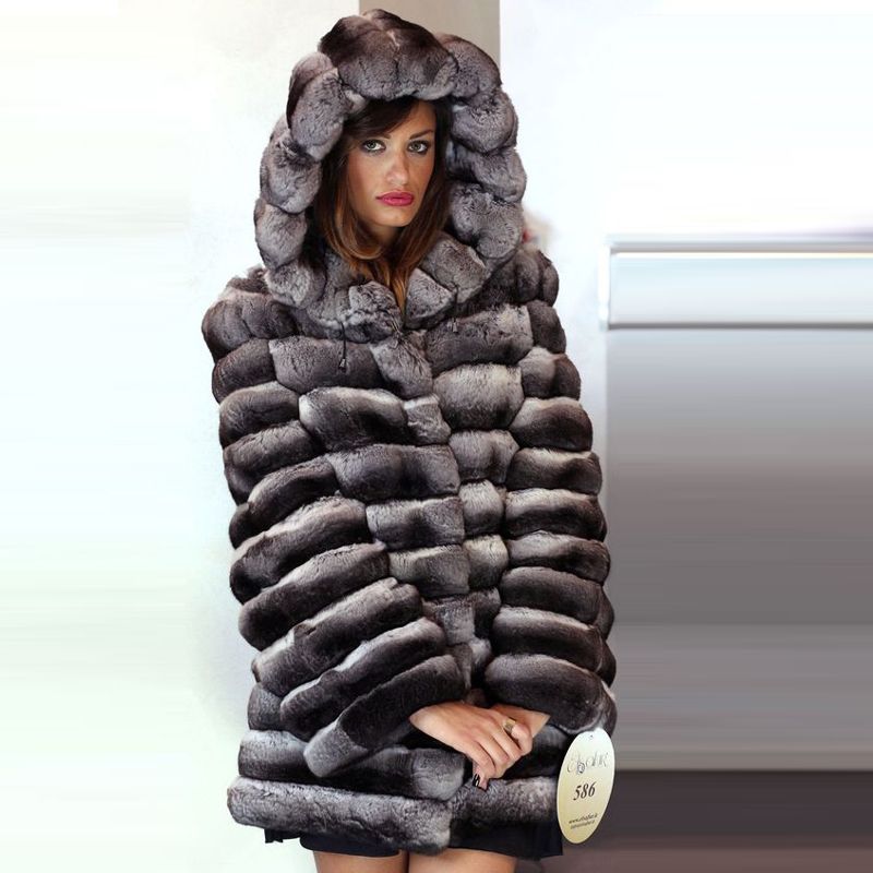 Women Real Chinchilla Rex Rabbit Fur Coat Hooded Warm Thick Jacket Overcoat
