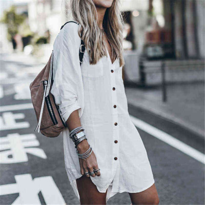 2019 mujeres verano manga larga camisas moda negro blanco largo blusa suelta playa vacaciones camisa
