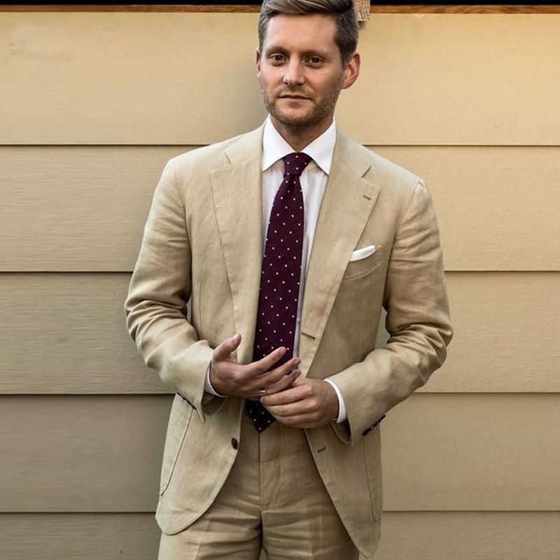 2021 Mens Suits & Blazers Linen Khaki Smart Casual