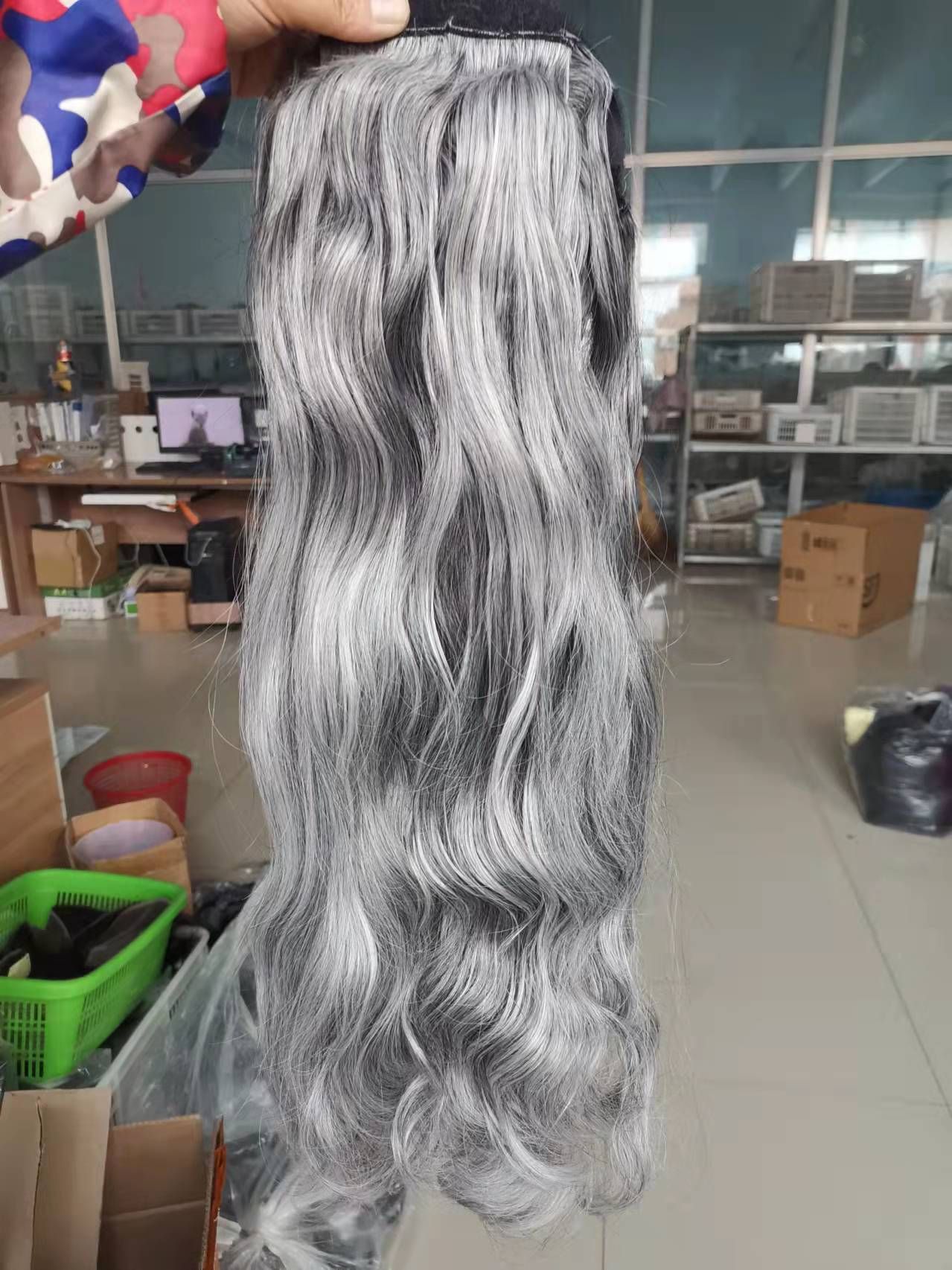 Stunning gray wrap around wire ponytail hairpiece straight wavy white blonde silver highlights pony tail extension Stunning gray wrap around wire ponytail hairpiece straight wavy white blonde silver highlights pony tail extension