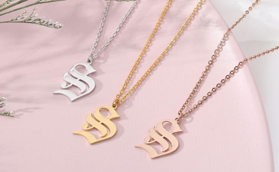 Unisex Silver Rose Gold Old English Font A-Z 26 Letter Necklace Pendant Jewelry 