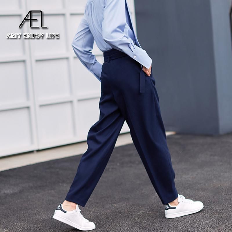 Pantalones para mujer Capris Ael azul marino traje mujer de cintura alta de cintura suelta casual Pantalones para mujer Capris Ael azul marino traje mujer de cintura alta de cintura suelta casual