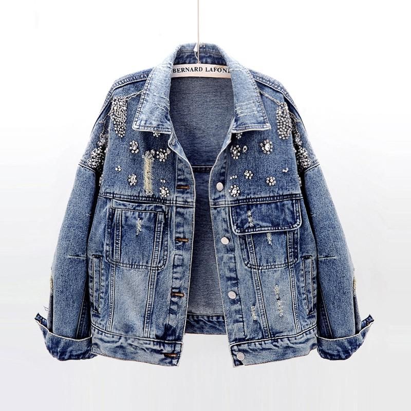 2020 Spring Autumn Handmade Diamond Denim Jacket Women Coat Harajuku