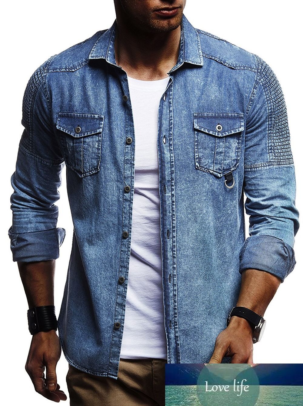 New Mens Shirt fashion Checks Casual double pocket Denim Long Sleeve Shirts 6493