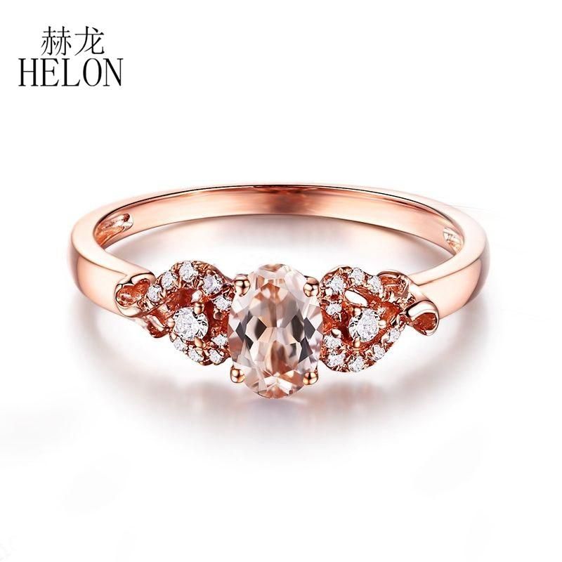 Helon Sólido 14k Rose Oval ouro 6x4mm genuíno Morganite Diamante Beleza da noiva do acoplamento do casamento Fine Jewelry Anel presente Mulheres
