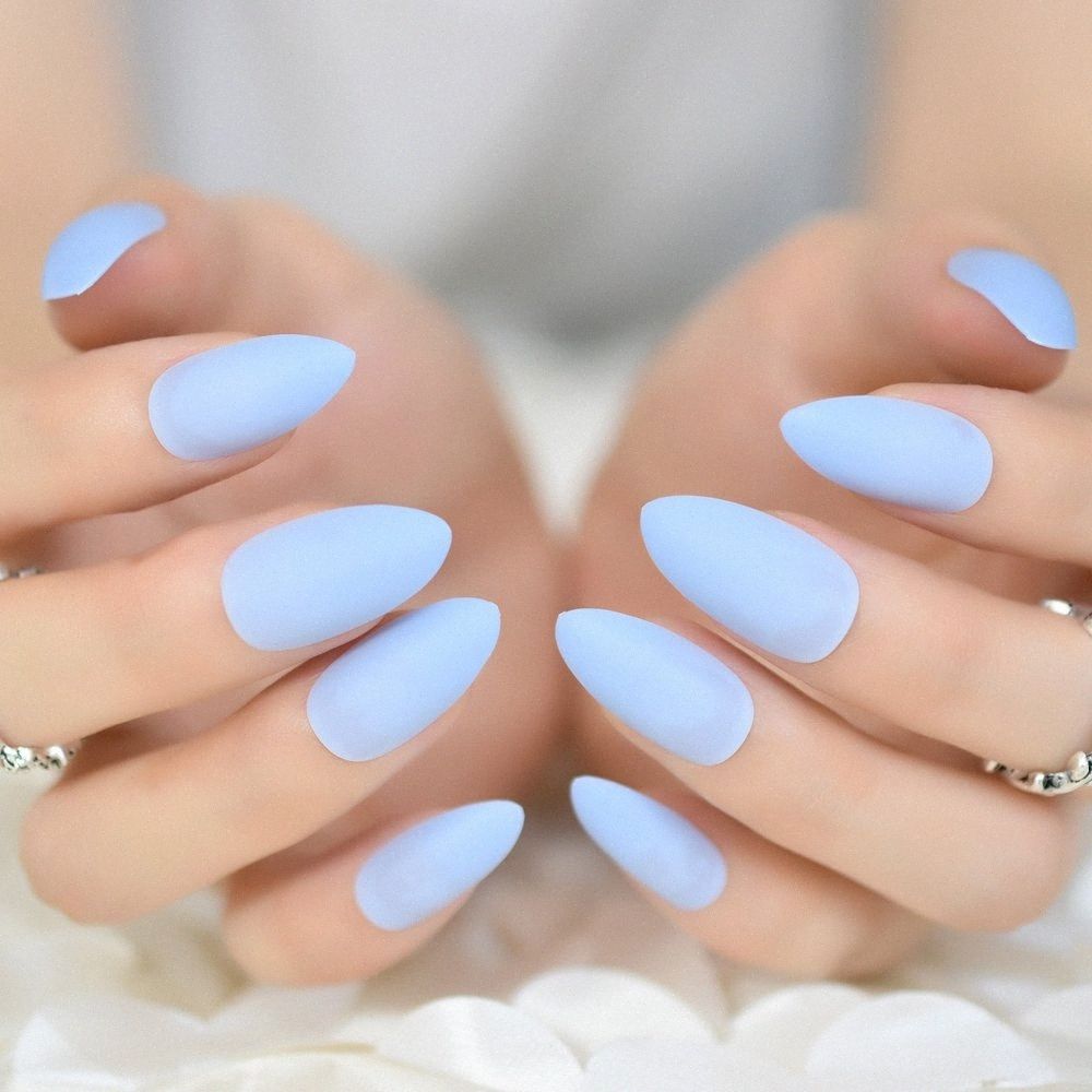 Good Feeling Light Sky Blue Matte Frosted Stiletto Oval False Nails Art  Almond Pointed Press On Full Cover Pre Designed Fake Tip Gbgh# From  Waterwin, $1.51 | DHgate.Com