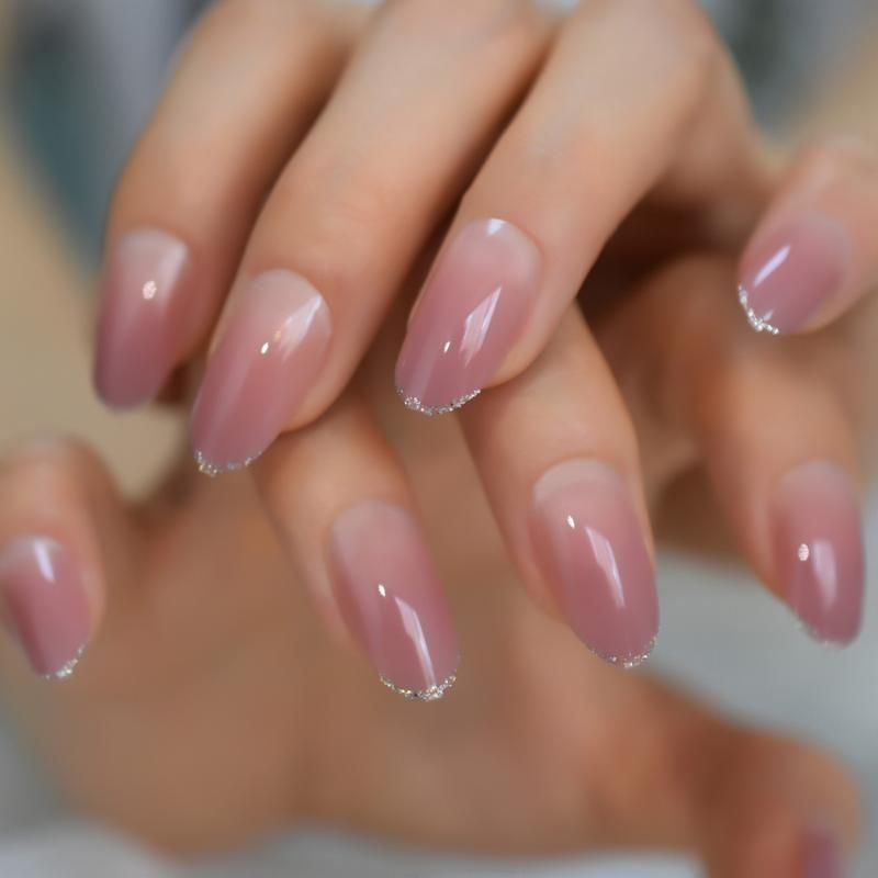 Decoración rosa claro del brillo falso de uñas curvadas Abs Oval de belleza  de uñas de arte natural de la cubierta completa Dulces clavos falsos de  acrílico