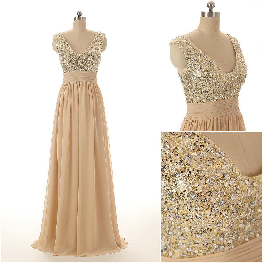 Champagne Bridesmaid Dresses Sequined Crystal Chiffon Pleated V Neck V
