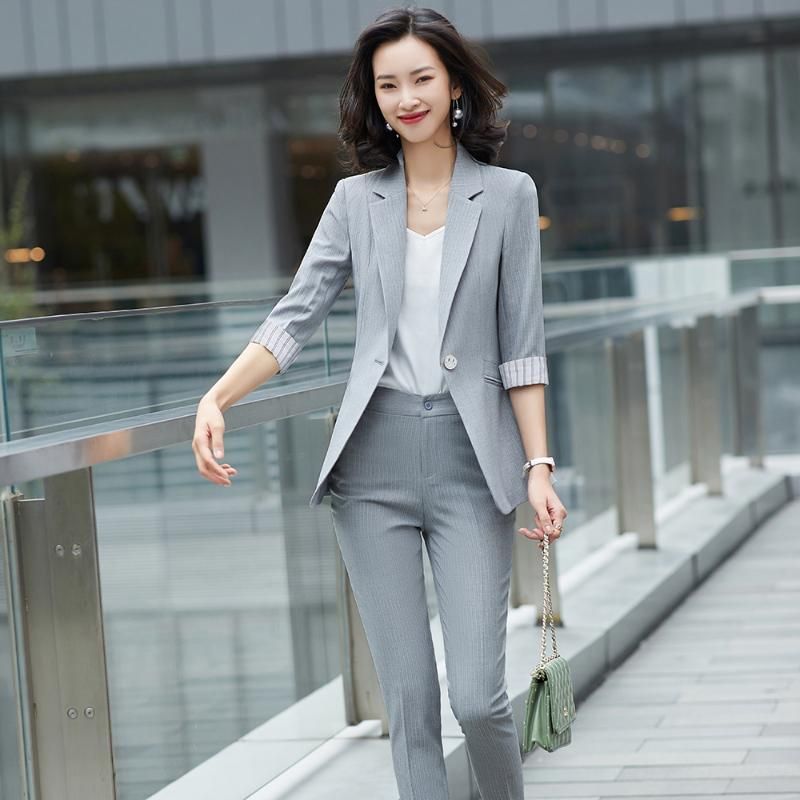 Pantalones de dos piezas de las mujeres 2021 primavera verano hembra elegante gris blanco blazer