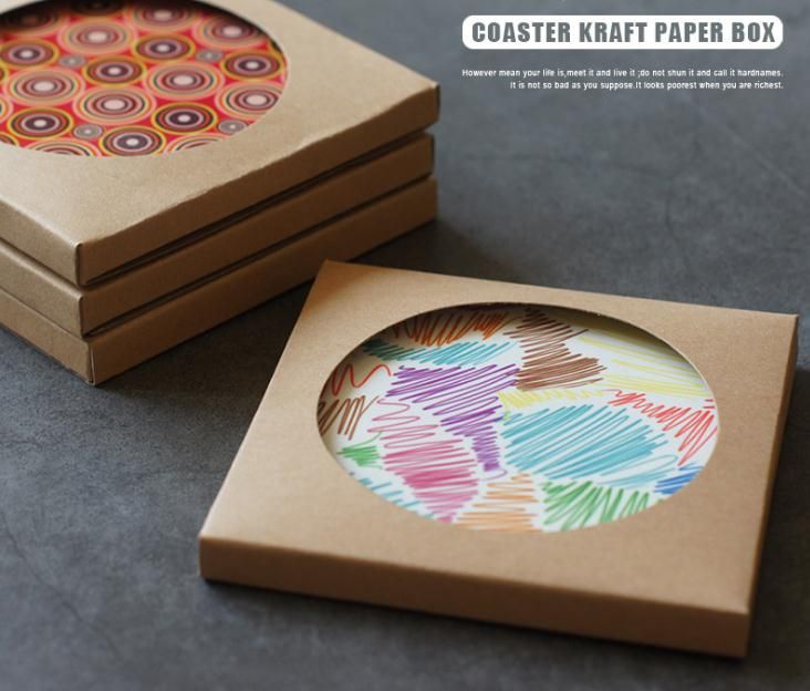 Kraft Paper Coaster Packaging Box With Window Diy Gift Boxes For Ceramic Cup Mat Mug Pad