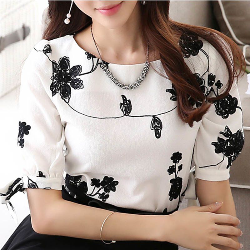 Embroidery Design Lady White Chiffon Blouse Plus Size S 3XL Korean O ...