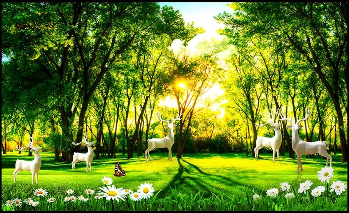 Custom photo wallpapers for walls 3d mural wallpaper Cartoon deer forest  natural scenery background tree flowers