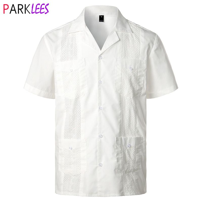 Blanca cubana Guayabera camisa de los hombres con estilo de bordado con en