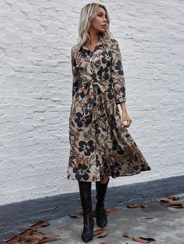 Allover Floral Belted Shirt Dress SHE 