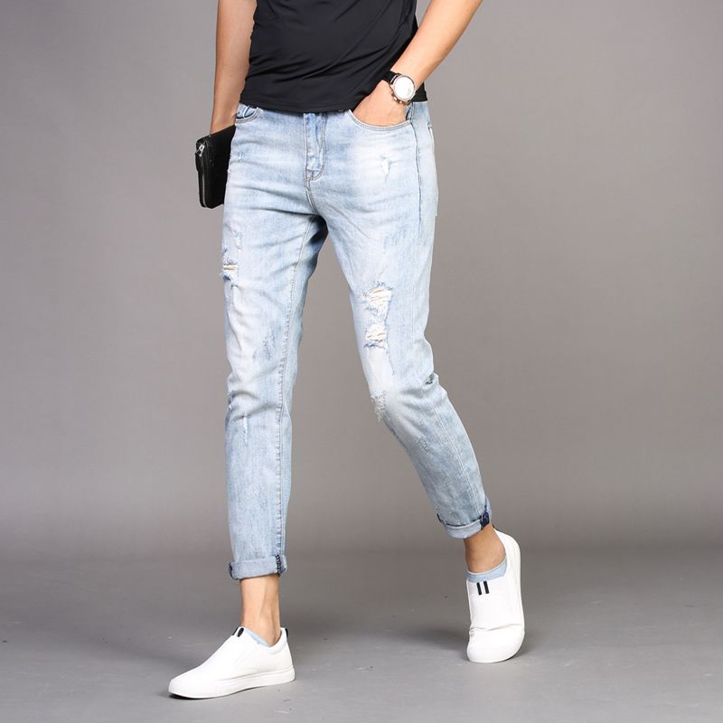 Acquistare Estate Stretch Strappato Jeans Uomo Light Blue Slim Fit  Pantaloni Lunghezza Caviglia Moda Streetwear Thin Denim Pantaloni Economico  | Consegna Veloce E Qualità | It.Dhgate
