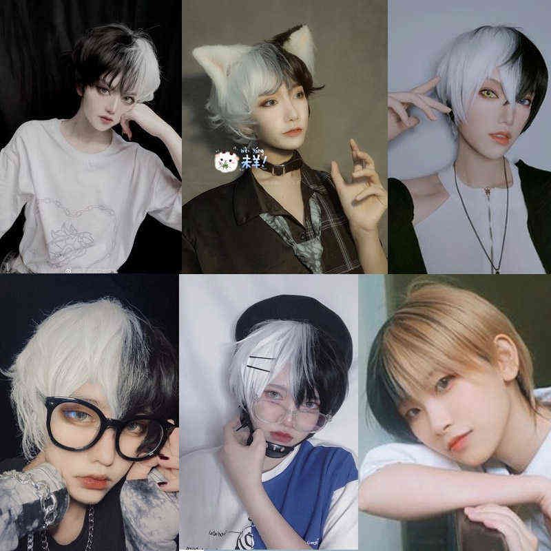 Hairpiece Short Curly Male Wig Black White Yellow Half Cosplay Anime Costume Halloween Wigs Synthetic Hair With Bangs For Men Boy Women 0121 From Semenlockring 21 7 Dhgate Com